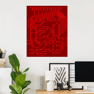 Retro Red Circuit Board Tech Pattern Poster