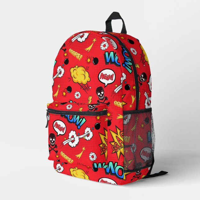 Retro Red Comic Book Pop Art Explosion Pattern Printed Backpack (Back Corner Right)
