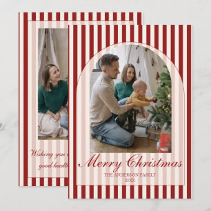 Retro Red Cream Arched Old Money Stripes Christmas Holiday Card