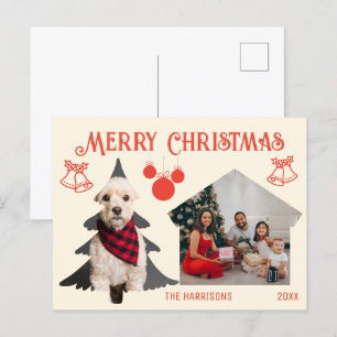 Retro Red Cream Family Pet Photo Christmas Postcard