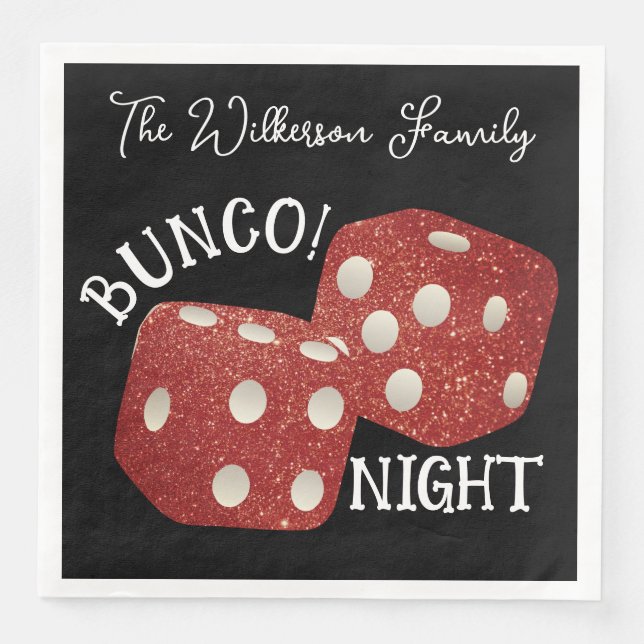 Retro Red Dice Bunco Night on Black Napkin (Front)