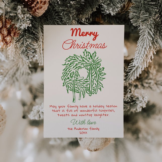 Retro Red Drawn Bow Wreath Non Photo Christmas  Holiday Card (Creator Uploaded)
