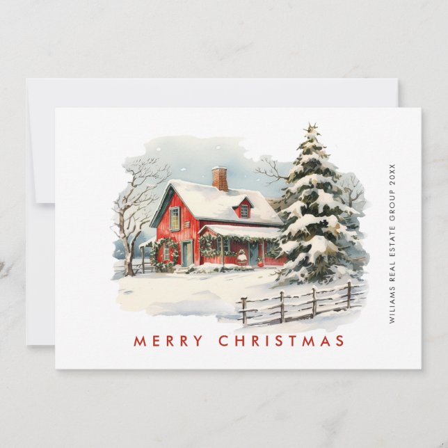 Retro Red Farm Barn Christmas Corporate Holiday Card (Front)
