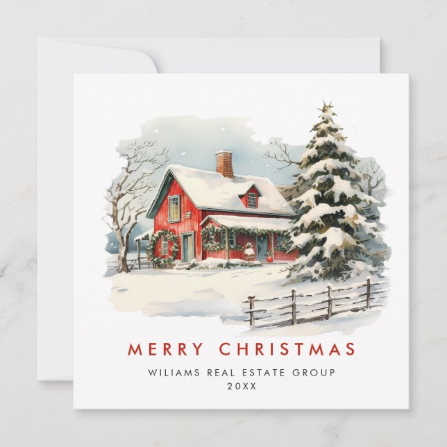 Retro Red Farm Barn Christmas Corporate Holiday Card (Front)