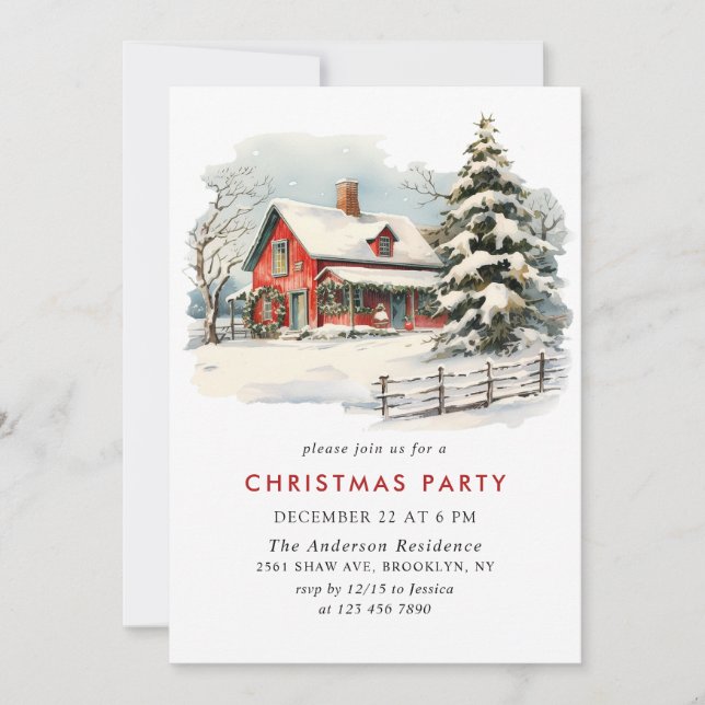 Retro Red Farm Barn Christmas Holiday Party Invitation (Front)