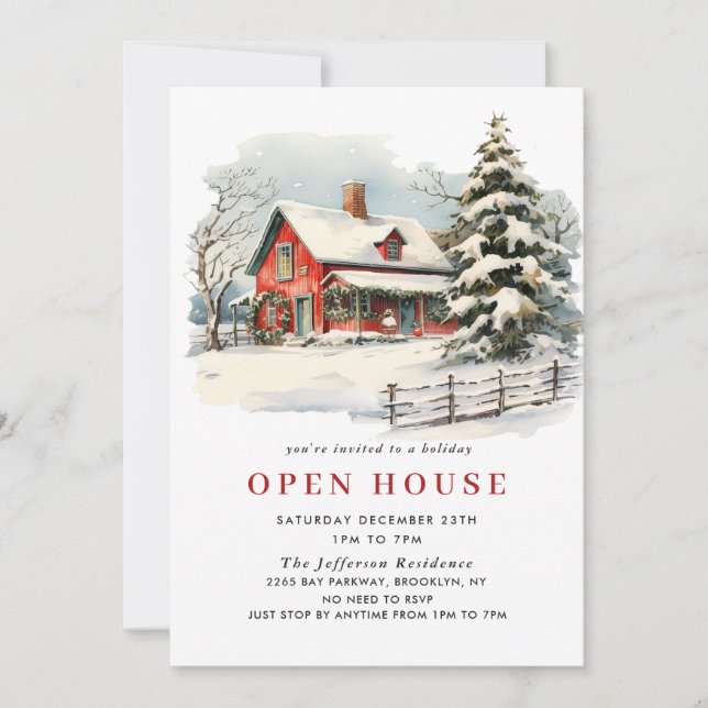 Retro Red Farm Barn Christmas Open House Invitation (Front)