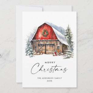Retro Red Farm Barn Christmas Tree Greeting Holiday Card