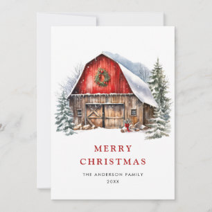 Retro Red Farm Barn Christmas Tree Greeting Holiday Card