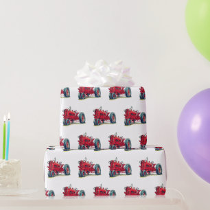 Retro Red Farm Tractor On White Wrapping Paper