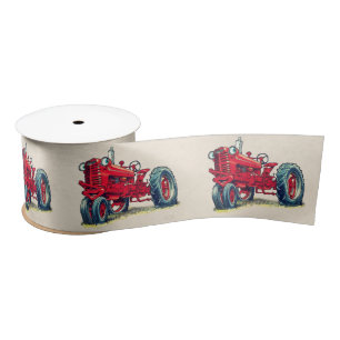 Retro Red Farm Tractor with Eyeballs Satin Ribbon