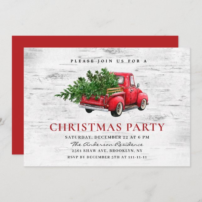 Retro Red Farm Truck Birch Bark Christmas Party Invitation (Front/Back)