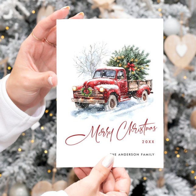 Retro Red Farm Truck Bohemian Christmas Tree Holiday Card (Creator Uploaded)