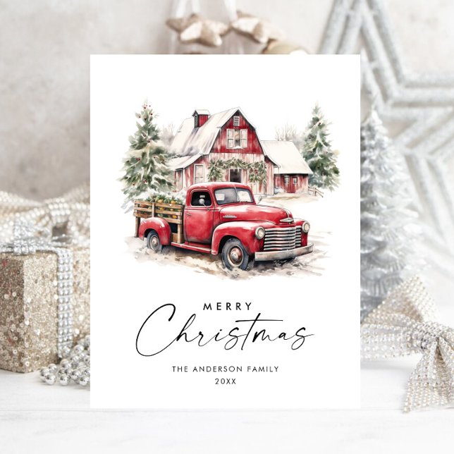 Retro Red Farm Truck Christmas Greeting Holiday Postcard (Creator Uploaded)