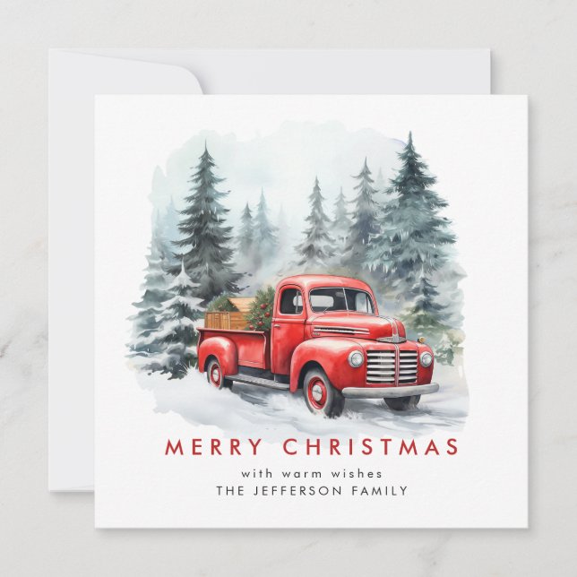 Retro Red Farm Truck Christmas Tree Greeting Holiday Card (Front)