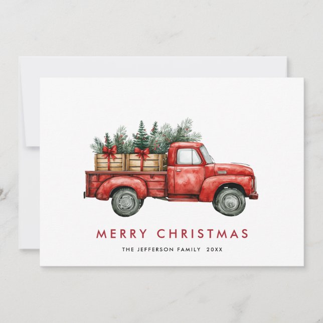 Retro Red Farm Truck Christmas Tree Greeting Holiday Card (Front)