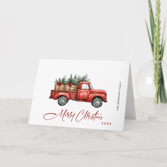 Retro Red Farm Truck Christmas Tree Greeting Holiday Card (Front)