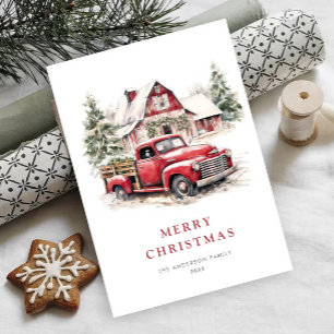 Retro Red Farm Truck Christmas Tree Greeting Holiday Card