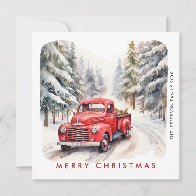 Retro Red Farm Truck Christmas Tree Greeting Holiday Card (Front)