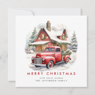 Retro Red Farm Truck Christmas Tree Greeting Holiday Card