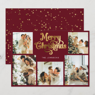 Retro Red Faux Gold Merry Christmas Family Photo Holiday Card