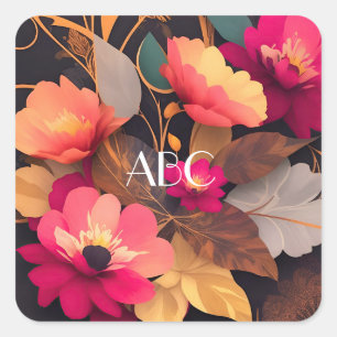 Retro Red Floral Design Square Sticker