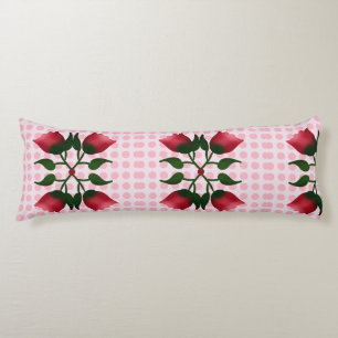 Retro Red Floral Folk Art with Pink Polka Dot Patt Body Cushion