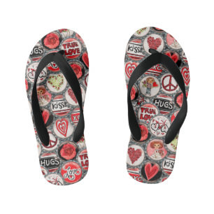 Retro Red Floral Heart Valentine's Day Bottle Cap  Kid's Thongs