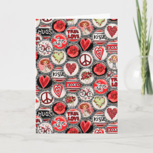 Retro Red Floral Hearts Bottle Cap Valentine's Day Holiday Card