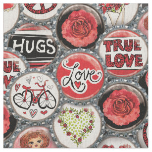 Retro Red Floral Hearts Girl Roses Valentine's Day Fabric