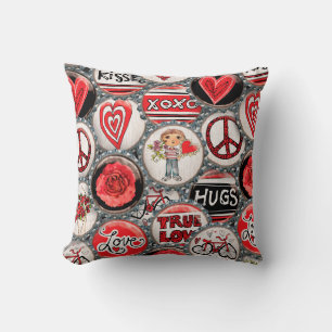 Retro Red Floral Hearts True Love Valentine's Day Cushion