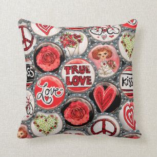 Retro Red Floral Hearts True Love Valentine's Day Cushion