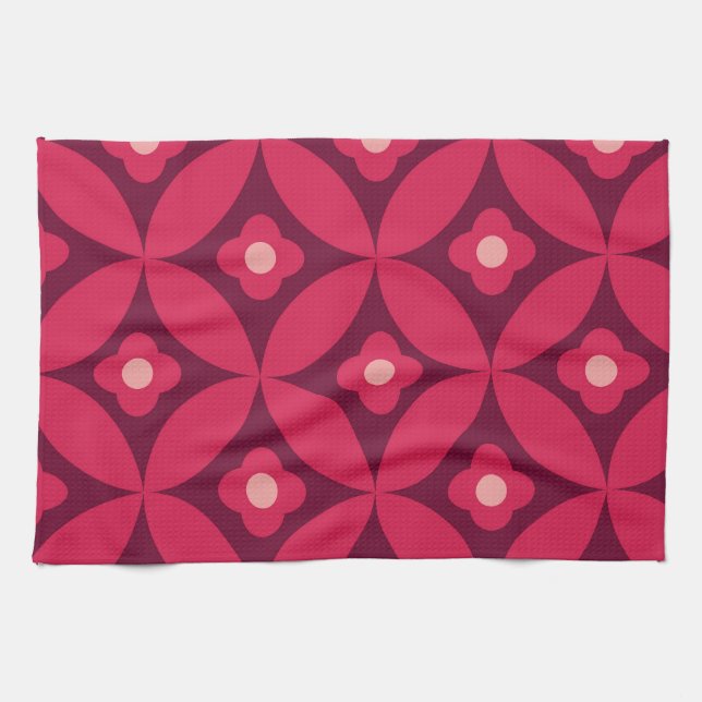 Retro Red Flowers on Mid Century Circles Pattern  Tea Towel (Horizontal)