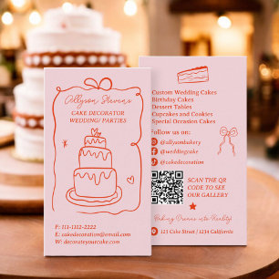 Retro red French Scribbles cake decorator qr code Business Card