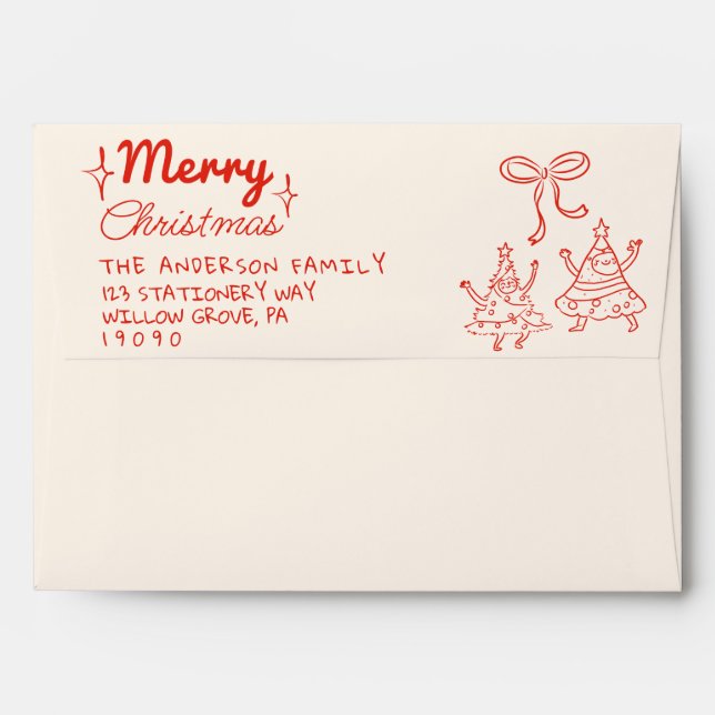 Retro Red Funny Hand Drawn Merry Christmas Trees Envelope (Back (Top Flap))