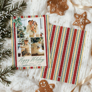 Retro Red Gold Stripes Bow Happy Holidays 3 Photo Holiday Card