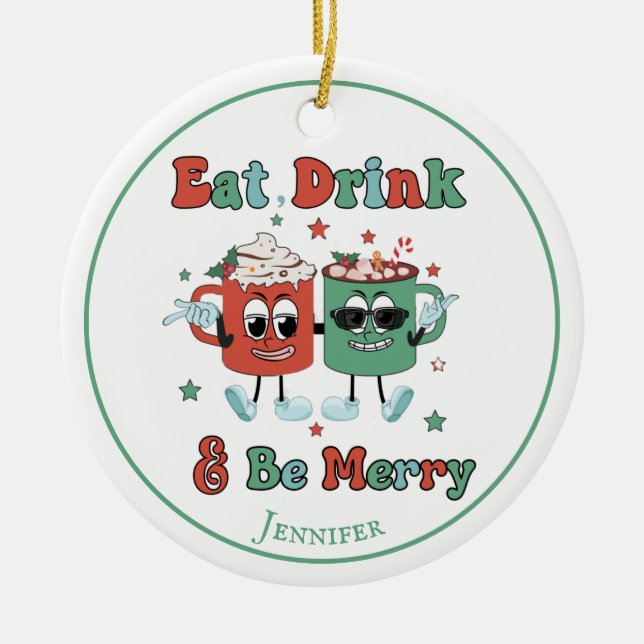 Retro Red Green Cartoon Dancing  Ceramic Ornament (Front)