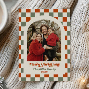 Retro Red Green Checkerboard Photo Arch Christmas Holiday Card