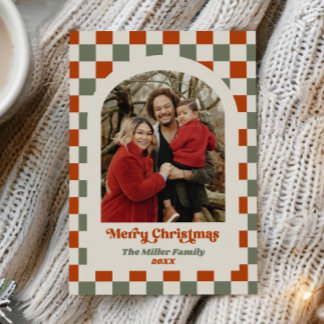 Retro Red Green Chequerboard Photo Arch Christmas Holiday Card