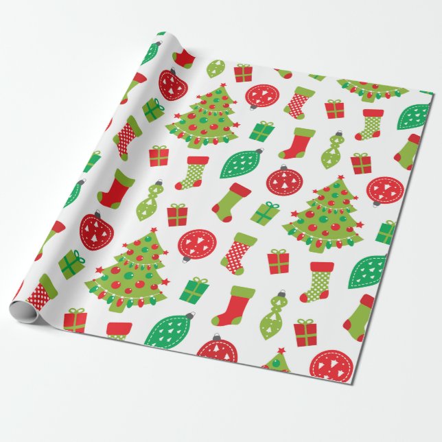 Retro Red Green Christmas Tree Gift Pattern Wrappi Wrapping Paper (Unrolled)