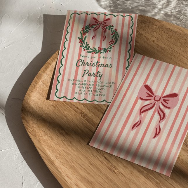 Retro Red Green Drawn Christmas Bow Wreath Party Invitation (Creator Uploaded)