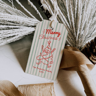 Retro Red Green Drawn Funny Christmas Tree Vintage Gift Tags
