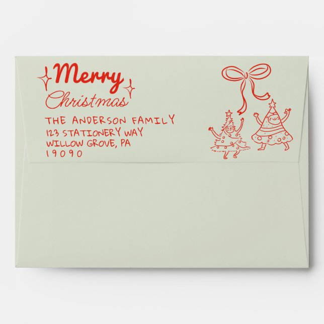 Retro Red Green Funny Drawn Merry Christmas Trees Envelope (Back (Top Flap))