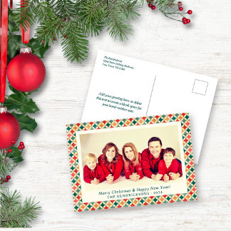 Retro Red/Green/Gold Stars Pattern Holiday Photo Postcard