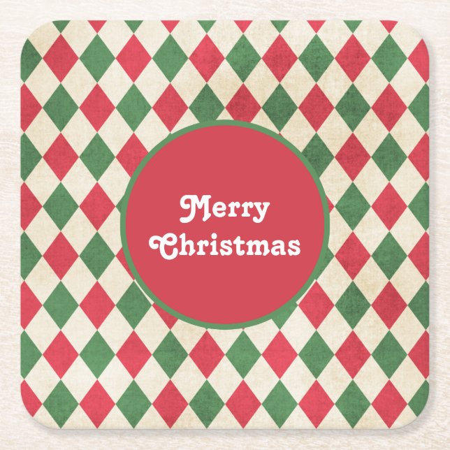 Retro Red Green Harlequin Holiday  Square Paper Coaster (Front)