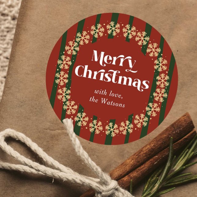 Retro Red & Green Merry Christmas Custom Name Classic Round Sticker (Trendy retro style red & green stripe Merry Christmas round stickers with your custom name)