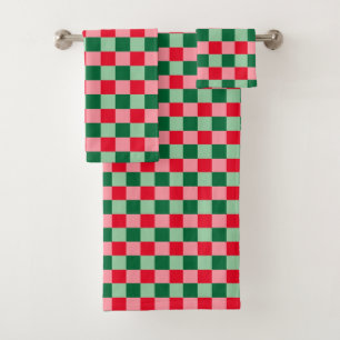 Retro Red Green Pink Tartan Plaid Christmas Bath Towel Set