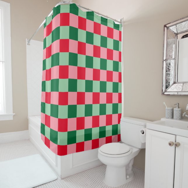 Retro Red Green Pink Tartan Plaid Christmas Shower Curtain (In Situ)