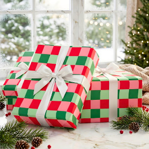 Retro Red Green Pink Tartan Plaid Christmas Wrapping Paper