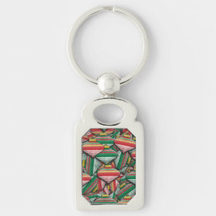 Retro Red Green Striped Ornament Pattern Design Key Ring