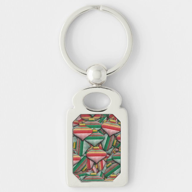Retro Red Green Striped Ornament Pattern Design Key Ring (Front)